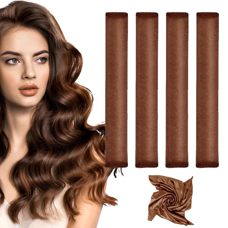 nunflue Heatless Curlers, Heatless Curls Overnight Set for Women, Soft Hair Curlers to Sleep In, Jumbo No Heat Hair Curlers Set with Headscarf and Hook for Long Hair (DarkBrown, 4 Packs) - Image 1