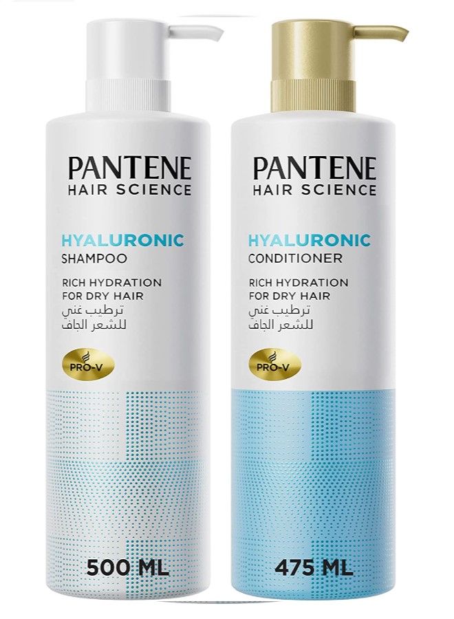 بانتين هير ساينس شامبو الهيالورونيك 500 مل + بانتين هير ساينس بلسم الهيالورونيك 475 مل لترطيب غني
