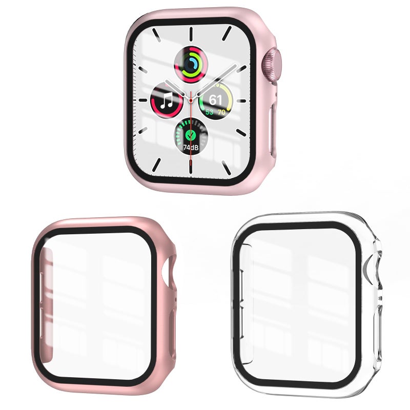 3 Pack Apple Watch SE Series 6/5/4 44mm Hard PC Case with Tempered Glass Screen Protector, Ultra-Thin HD Bumper, Rose Gold/Pink/Clear - Image 1