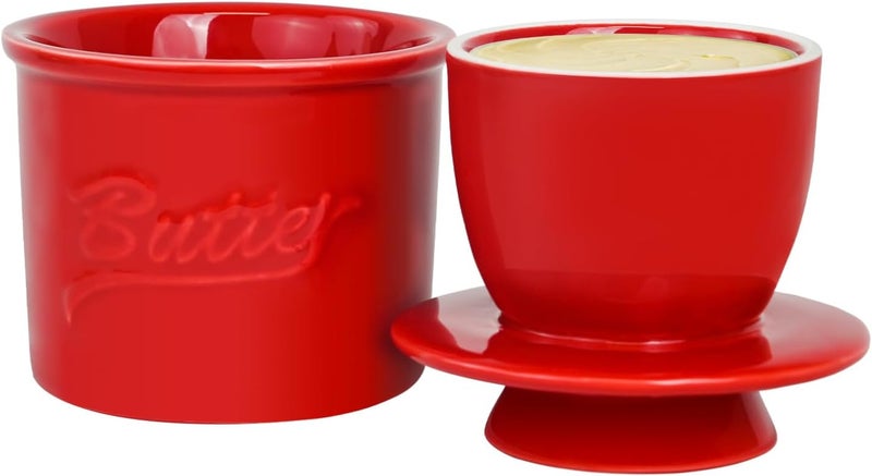 MSJGA Butter Crock for Counter with Water, French Butter Keeper for Spreadable Butter Ceramic Butter Dish with Lid for Countertop, Butter Container Holder, Home Kitchen Decor (Red, M) - Image 1