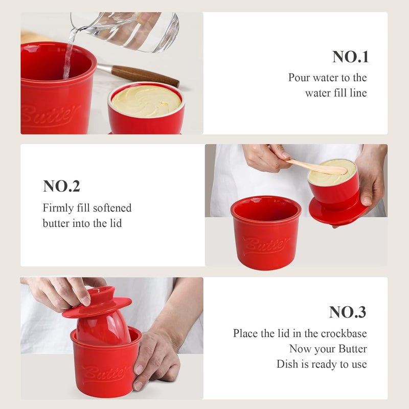 MSJGA Butter Crock for Counter with Water, French Butter Keeper for Spreadable Butter Ceramic Butter Dish with Lid for Countertop, Butter Container Holder, Home Kitchen Decor (Red, M) - Image 4