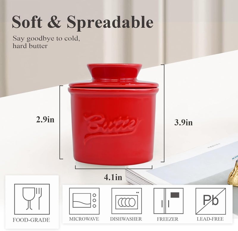 MSJGA Butter Crock for Counter with Water, French Butter Keeper for Spreadable Butter Ceramic Butter Dish with Lid for Countertop, Butter Container Holder, Home Kitchen Decor (Red, M) - Image 3