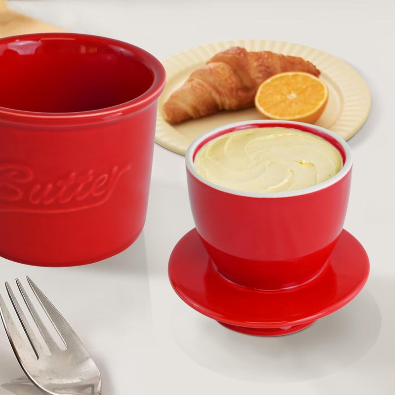 MSJGA Butter Crock for Counter with Water, French Butter Keeper for Spreadable Butter Ceramic Butter Dish with Lid for Countertop, Butter Container Holder, Home Kitchen Decor (Red, M) - Image 2