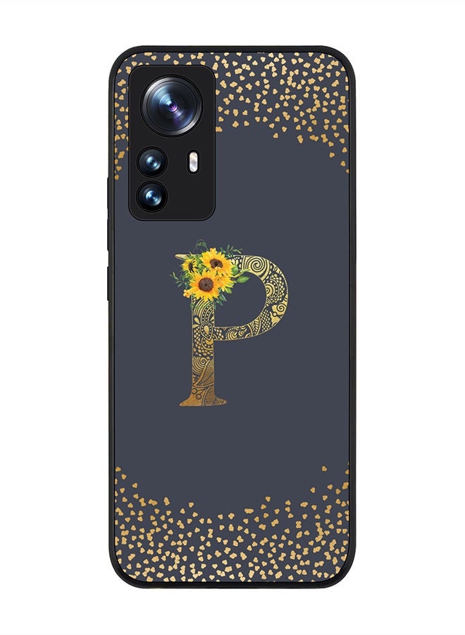 Stylizedd Rugged Black edge case for Xiaomi 12 Pro Slim fit Soft Case Flexible Rubber Edges Anti Drop TPU Gel Thin Cover - Custom Monogram Initial Letter Floral Pattern Alphabet - P (Grey ) - Image 1
