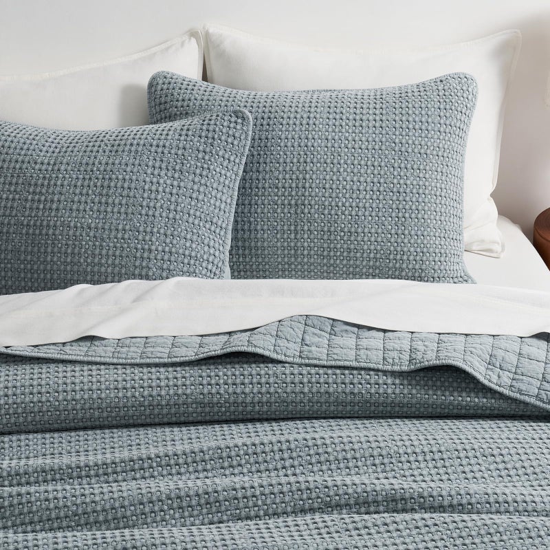 EverGrace Stonewashed 100% Natural Cotton Waffle Quilt Set Queen Size 3 Pieces, Soft, Breathable & Substantial Bedding, Quilted Coverlet Bedspread with 2 Shams for All Seasons, Blue Linen - Image 3