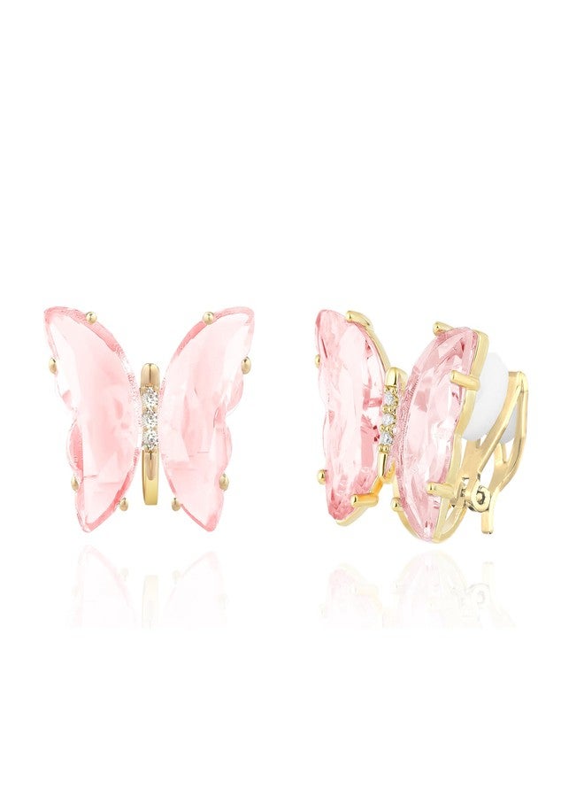 YOQUCOL Butterfly Shape Pink Crystal Clip On Earrings Non Pierced Golden Stud for Women - Image 1