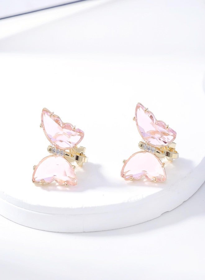 YOQUCOL Butterfly Shape Pink Crystal Clip On Earrings Non Pierced Golden Stud for Women - Image 4