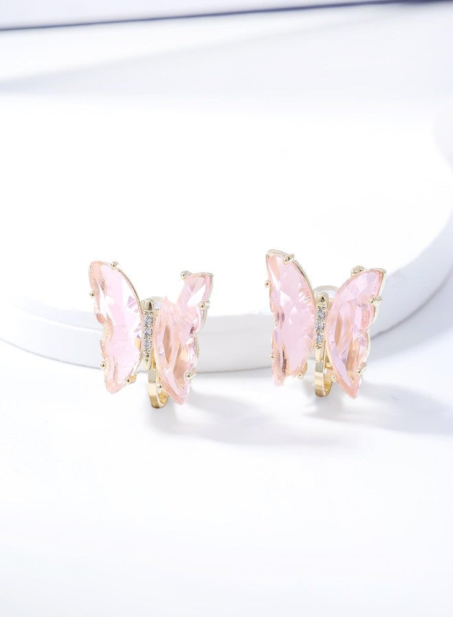 YOQUCOL Butterfly Shape Pink Crystal Clip On Earrings Non Pierced Golden Stud for Women - Image 3