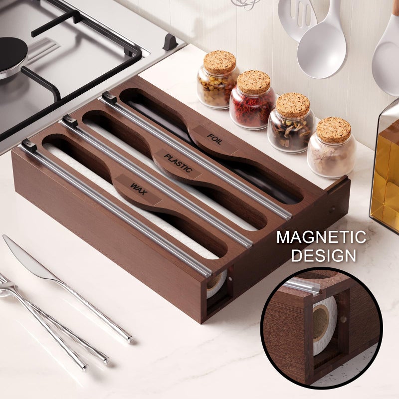 Danfoxer Wrap Dispenser with Cutter and Labels, Plastic Wrap Organizer For Kitchen,Bamboo 3-in-1 Wrap Dispensers for Cling Wrap Aluminum Foil and Wax,Storage Organization Holderï¼ˆBrownï¼‰ - Image 2