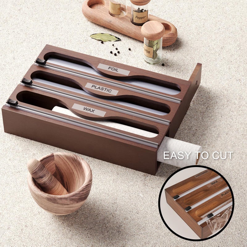 Danfoxer Wrap Dispenser with Cutter and Labels, Plastic Wrap Organizer For Kitchen,Bamboo 3-in-1 Wrap Dispensers for Cling Wrap Aluminum Foil and Wax,Storage Organization Holderï¼ˆBrownï¼‰ - Image 3