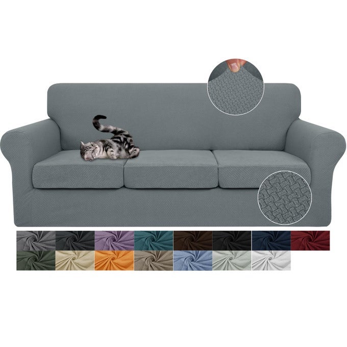 4 PIECES COUCH COVERS FOR 3 CUSHION COUCH STRETCH SOFA SLIPCOVER WITH 3 SEAT CUSHION COVERS THICK FITTED COUCH COVER FOR PET DOGS FURNITURE PROTECTOR SOFA LIGHT GRAY