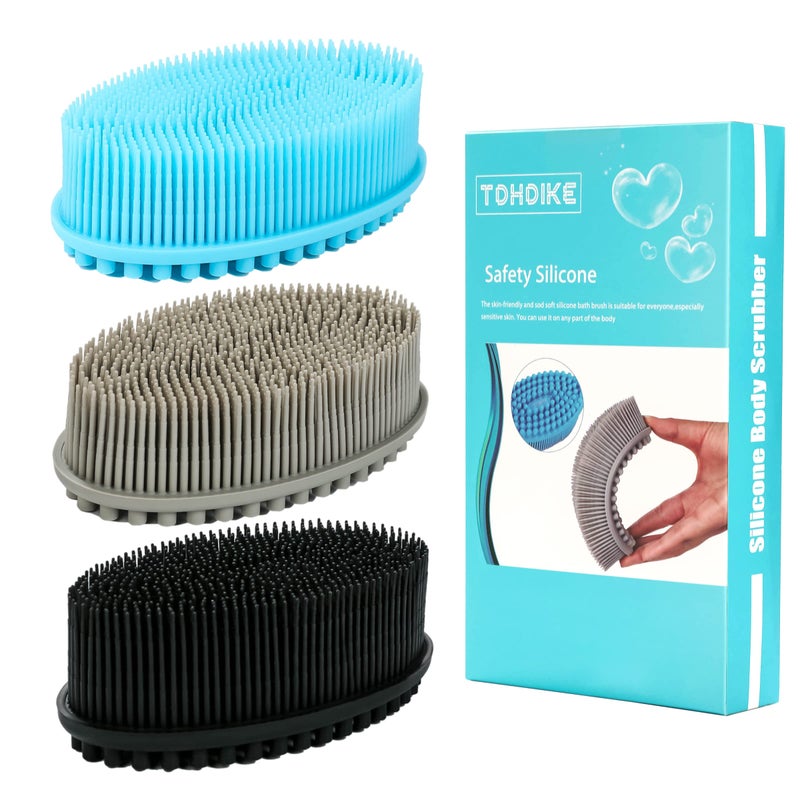 TDHDIKE Silicone Body Scrubber Loofah Set of 3 Soft Exfoliating Body Bath Shower Scrubber Loofah Brush for Sensitive Kids Women Men All Kinds of SkinBlackGrayBlue 