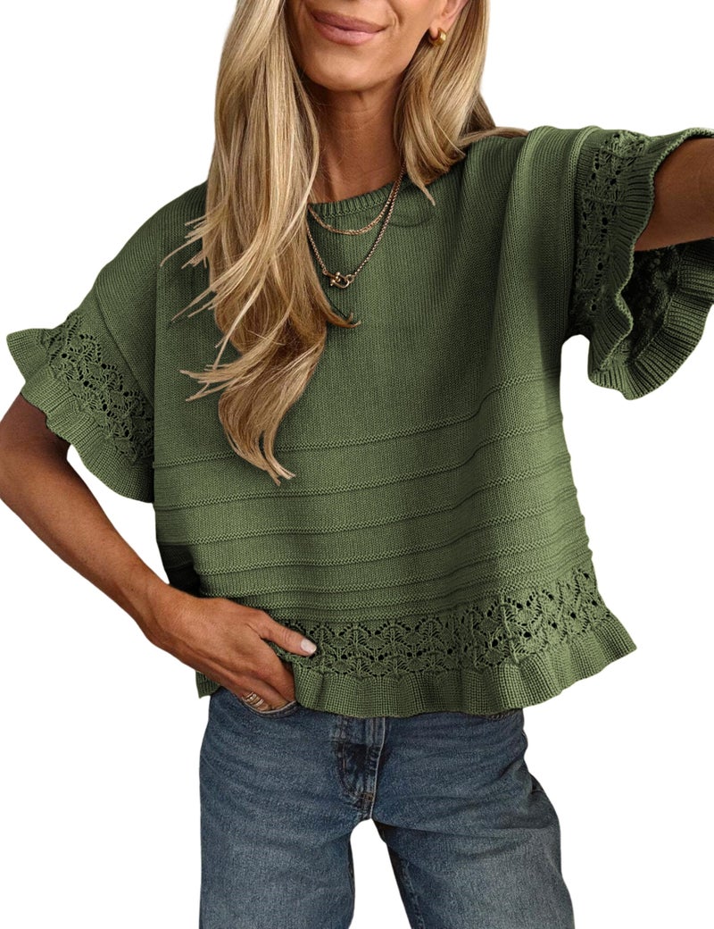 Yeokou Womens Short Sleeve Sweater Round Neck Ruffled Hem Knit Crochet Pullover Summer Fall Casual Top Blouse(MossGreen-S) - Image 1