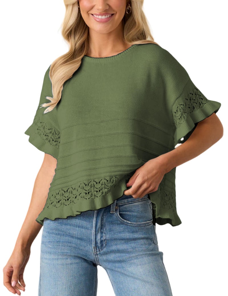 Yeokou Womens Short Sleeve Sweater Round Neck Ruffled Hem Knit Crochet Pullover Summer Fall Casual Top Blouse(MossGreen-S) - Image 2