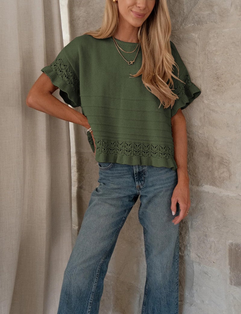 Yeokou Womens Short Sleeve Sweater Round Neck Ruffled Hem Knit Crochet Pullover Summer Fall Casual Top Blouse(MossGreen-S) - Image 5