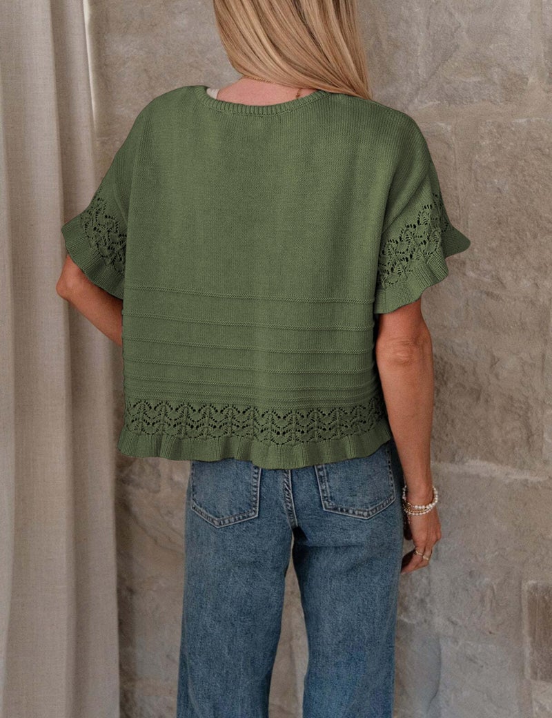 Yeokou Womens Short Sleeve Sweater Round Neck Ruffled Hem Knit Crochet Pullover Summer Fall Casual Top Blouse(MossGreen-S) - Image 4