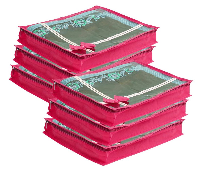 DIKHAWA 6 Piece Non Woven Transparent View Flower Design Attractive bow Saree Cover Bag with Stainless Steel Zip Lock, Cloth Cover, Wardrobe Organizer (PINK) - Image 1