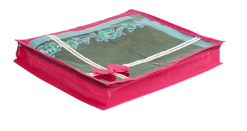 DIKHAWA 6 Piece Non Woven Transparent View Flower Design Attractive bow Saree Cover Bag with Stainless Steel Zip Lock, Cloth Cover, Wardrobe Organizer (PINK) - Image 4