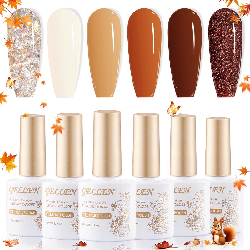 GELLEN Gel Nail Polish Set, 6 Colors Warm Brown Gel Polish Set Caramel Neutral Beige Glitter Brown Nail Gel Polish Pumpkin Soak Off UV Gel Nail Kit Manicure DIY Nail Art Gifts for Women - Image 1