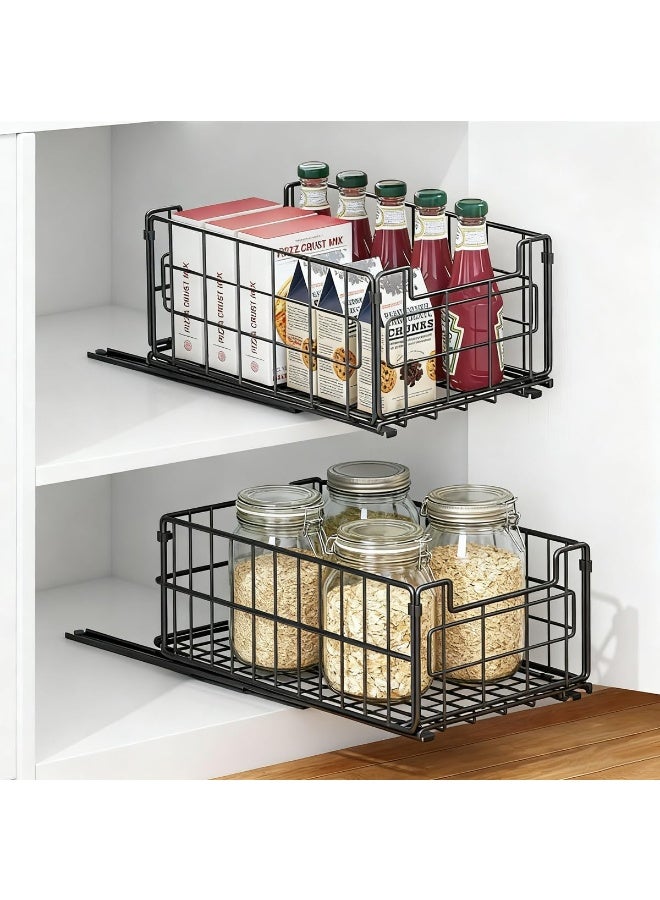 Forthcan 2 Pack Wire Storage Baskets, 35x21.5x17CM Foldable Pantry Organizers Bins and Mesh Storage Black Wire Basket with Handle, Freezer Storage Organiser for Shelf, Cabinets, Bathroom, Closets - Image 4
