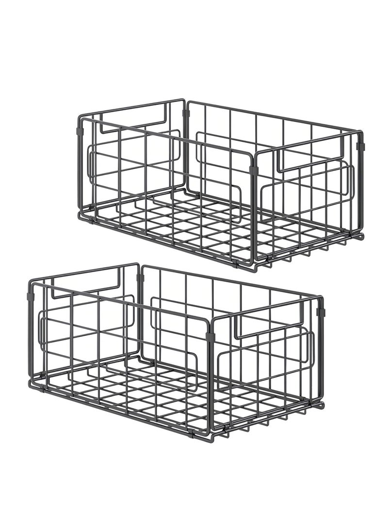 Forthcan 2 Pack Wire Storage Baskets, 35x21.5x17CM Foldable Pantry Organizers Bins and Mesh Storage Black Wire Basket with Handle, Freezer Storage Organiser for Shelf, Cabinets, Bathroom, Closets - Image 2