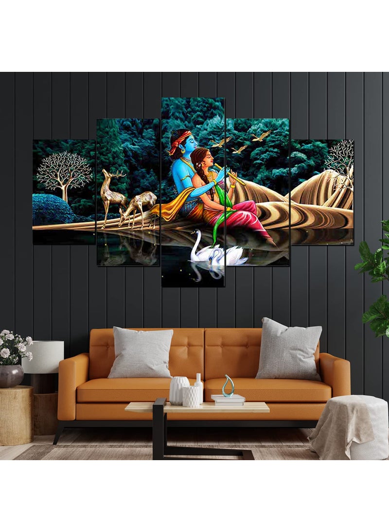 Perpetual - perpetual Radha Krishna Painting With Frame | Krishna Wall Painting for Living Room | 3D Radha Krishna Photo Frame | Painting for Wall Decoration | Scenery Vastu Wall Hanging Set of 5 (125x60 Cm) K6A - Image 1