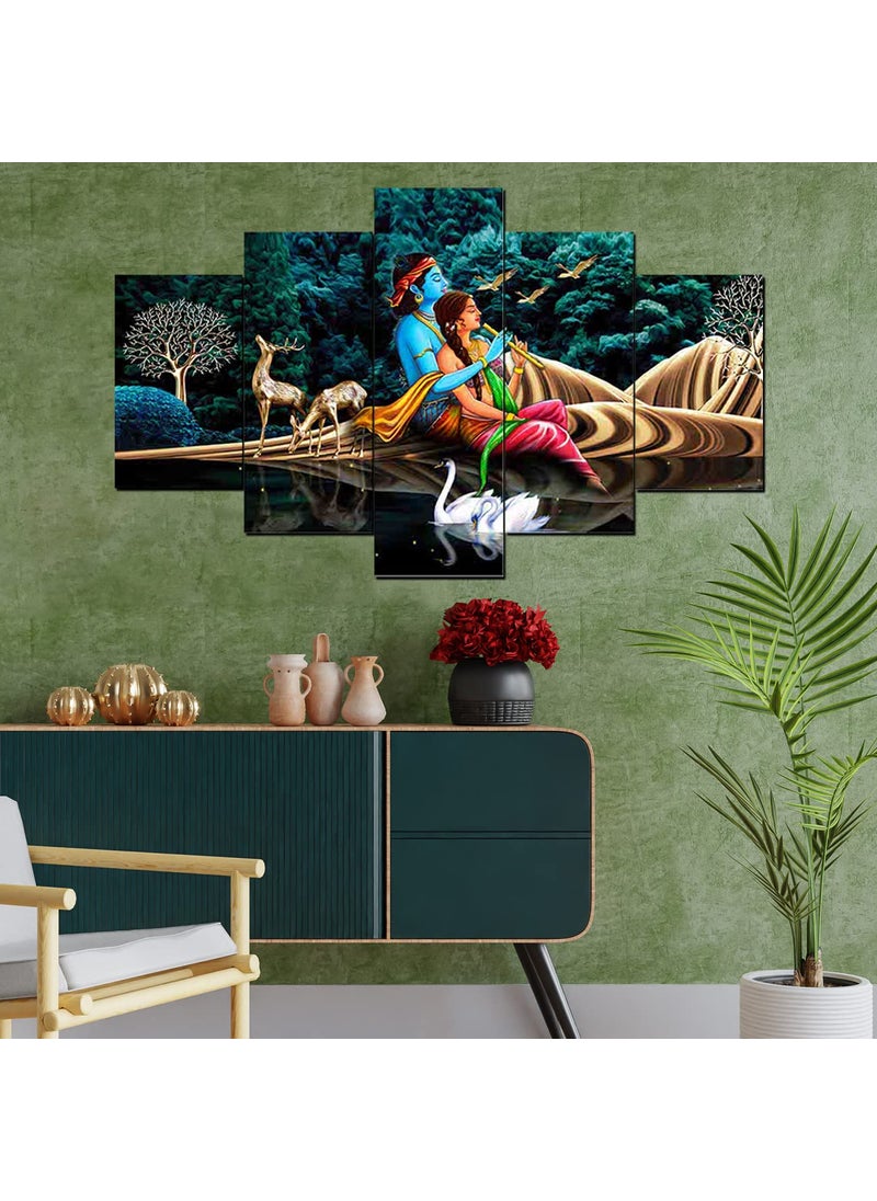 Perpetual - perpetual Radha Krishna Painting With Frame | Krishna Wall Painting for Living Room | 3D Radha Krishna Photo Frame | Painting for Wall Decoration | Scenery Vastu Wall Hanging Set of 5 (125x60 Cm) K6A - Image 1