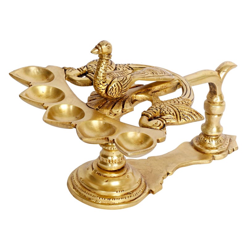 ARTVARKO ARTVARKO Peacock Bird Design 5 Oil Wick Brass Panch Aarti Diya with Handle Decorative Puja Accessory Camphor Burner lamp Aarti for Navratra Diwali Gifts Home Decor 8 Inches 