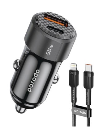 50W Dual Port Car Charger PD 20W with Type-C to Lightning Cable - Black