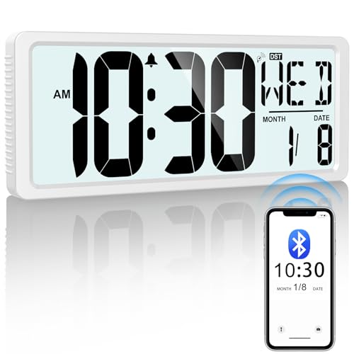 Xflyee Bluetooth Time Sync Digital Wall Clock Battery Operated with Backlight, Auto DST Large Digital Wall Clock with Day, Date & Temperature, 15'' Large Digital Clock for Home, Bedroom, Office - Image 1