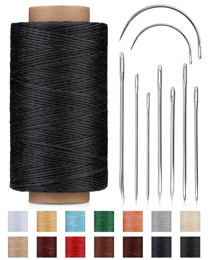 218 YARDS WAXED THREAD LEATHER SEWING WAXED THREAD WITH HEAVY DUTY SEWING NEEDLES LEATHER THREAD FOR HAND STITCHING LEATHERCRAFT REPAIR FURNITURE SHOES BAGS SOFA BLACK