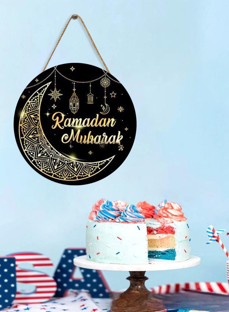 أكاليل رمضان التقليدية لافتات أبواب خشبية معلقة مزينة بلوازم حفل ديكور المنزل من الذهب الأسود والقمر - Image 3
