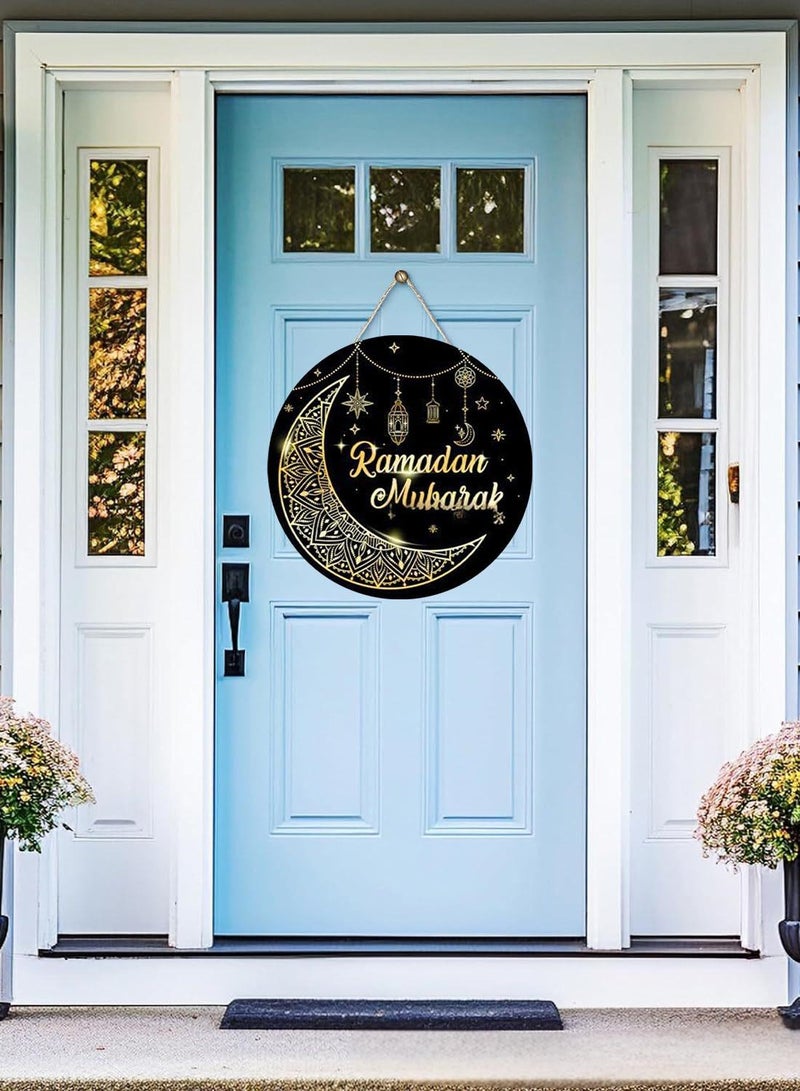 أكاليل رمضان التقليدية لافتات أبواب خشبية معلقة مزينة بلوازم حفل ديكور المنزل من الذهب الأسود والقمر - Image 1