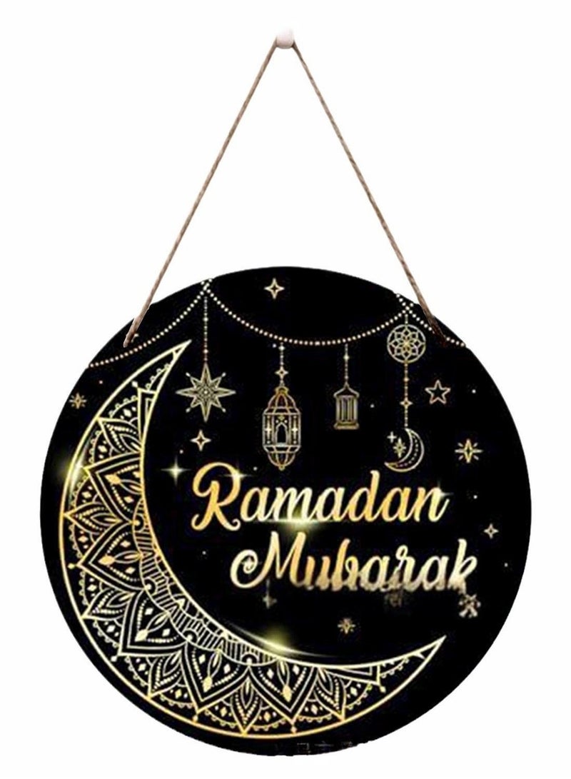 أكاليل رمضان التقليدية لافتات أبواب خشبية معلقة مزينة بلوازم حفل ديكور المنزل من الذهب الأسود والقمر - Image 2