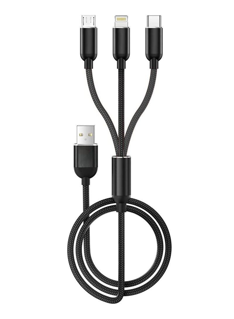 كابل شحن 3 في 1، شحن سريع متعدد 1.2 متر مع منفذ Type-C وMicro USB وLightning، متوافق مع iPhone 14 13 Galaxy S20 S9 وMicro USB - أسود - Image 1