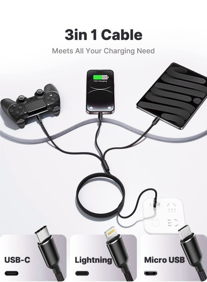 كابل شحن 3 في 1، شحن سريع متعدد 1.2 متر مع منفذ Type-C وMicro USB وLightning، متوافق مع iPhone 14 13 Galaxy S20 S9 وMicro USB - أسود - Image 5