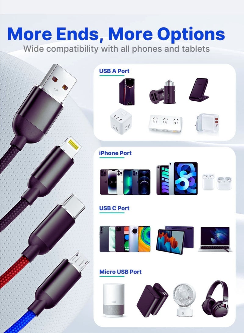 كابل شحن 3 في 1، شحن سريع متعدد 1.2 متر مع منفذ Type-C وMicro USB وLightning، متوافق مع iPhone 14 13 Galaxy S20 S9 وMicro USB - أسود - Image 3