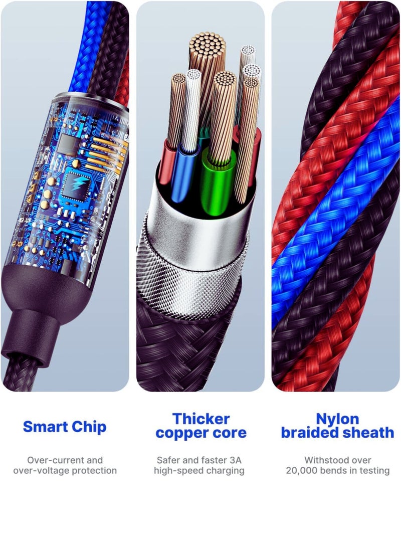 كابل شحن 3 في 1، شحن سريع متعدد 1.2 متر مع منفذ Type-C وMicro USB وLightning، متوافق مع iPhone 14 13 Galaxy S20 S9 وMicro USB - أسود - Image 4