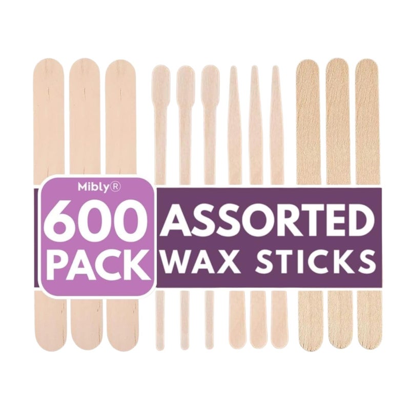 Mibly 4 Style 600 Pcs Assorted Wooden Wax Sticks for Body Legs Face Small Medium Large Sizes Eyebrow Waxing Applicator Spatulas for Hair Removal or Wood Popsicle Craft Sticks (Mix Sticks Pack of 600) - Image 1