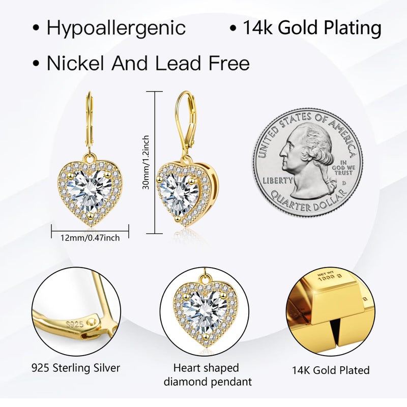 ALEXCRAFT 14K Gold Plated Heart Dangle Earrings, ALEXCRAFT Golden Dangling Drop Earring for Trendy Women Leverback Earing Cubic Zirconia Hearts Shaped Hypoallergenic of Valentine - Image 3