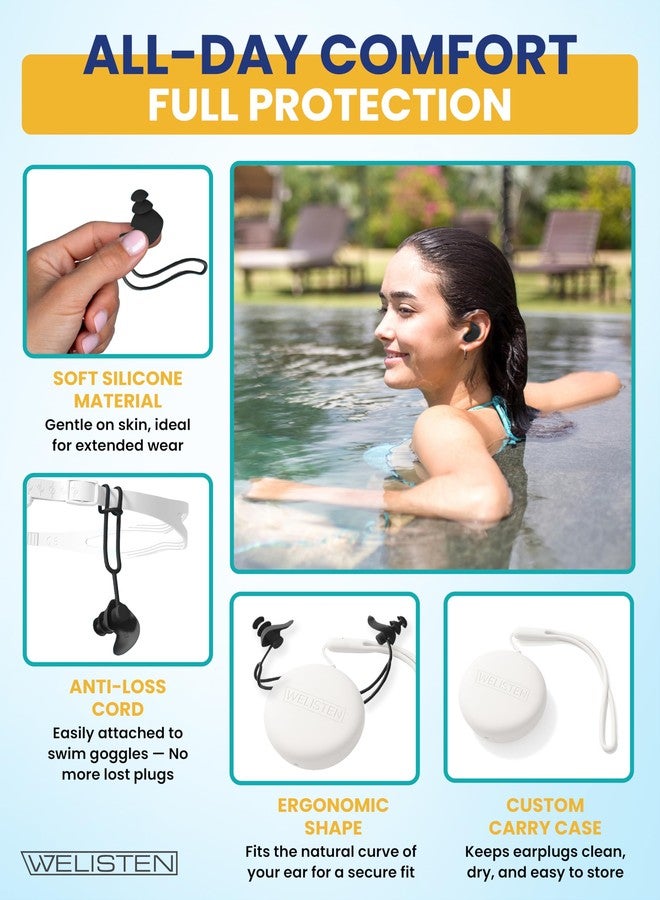 Welisten Swimming Ear Plugs for Adults, Waterproof Reusable Silicone Ear Plugs with Strap & Custom Case, Swimmer Earplugs for Surfing, Diving, Showering, Pool and Other Water Sports (Adults & Teens 14+) - Image 2