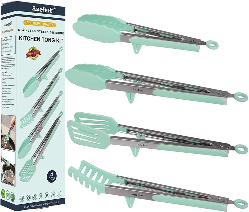 4in1 Stainless Steel Kitchen Food Tongs Set for Cooking with Silicone Tips Toaster Steak Pie Pizza Pasta Spaghetti Noodles Salad Fruit Vegetable Grill BBQ Buffet Clamp Serving Tools Gadgets