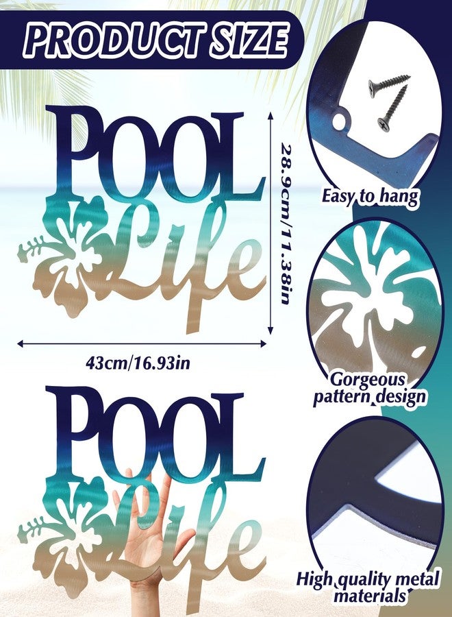 Tandefio Pool Life Metal Wall Art Decor Hibiscus Flower Coastal Metal Wall Art Tropical Outdoor Decor Swimming Pool Sign for Summer Beach Patio Living Room Bathroom Boat Decorations (Blue Gradient) - Image 2