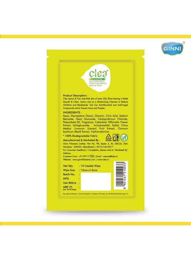 Clea Lemon & Tulsi Cleansing Makeup Remover Wet Wipes for Oily Skin - Removes Excess Oil, Moisturizes, Prevents Acne, Hydrates Skin - Pack of 3 (25 Wipes Each + 8 Wipes + 10 Wipes) - Image 2