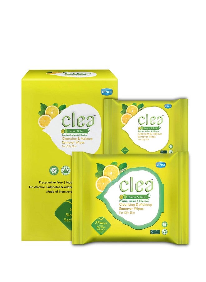 Clea Lemon & Tulsi Cleansing Makeup Remover Wet Wipes for Oily Skin - Removes Excess Oil, Moisturizes, Prevents Acne, Hydrates Skin - Pack of 3 (25 Wipes Each + 8 Wipes + 10 Wipes) - Image 1