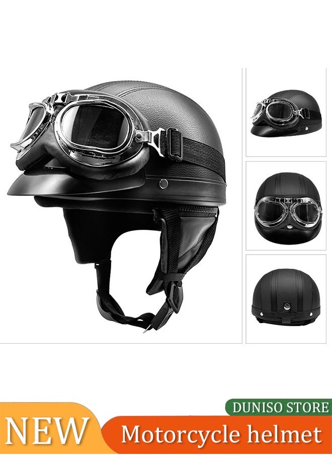 DUNISO Motorcycle semi open leather helmet, PU leather all inclusive riding helmet with transparent leather goggles, detachable inner lining and sun protection brim, unisex, black  - Image 1