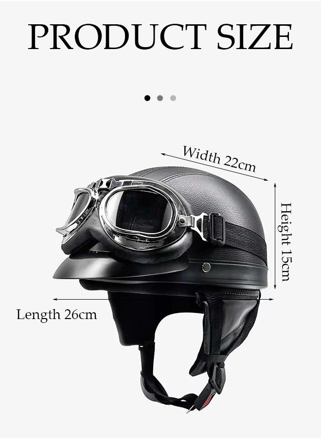 DUNISO Motorcycle semi open leather helmet, PU leather all inclusive riding helmet with transparent leather goggles, detachable inner lining and sun protection brim, unisex, black  - Image 2