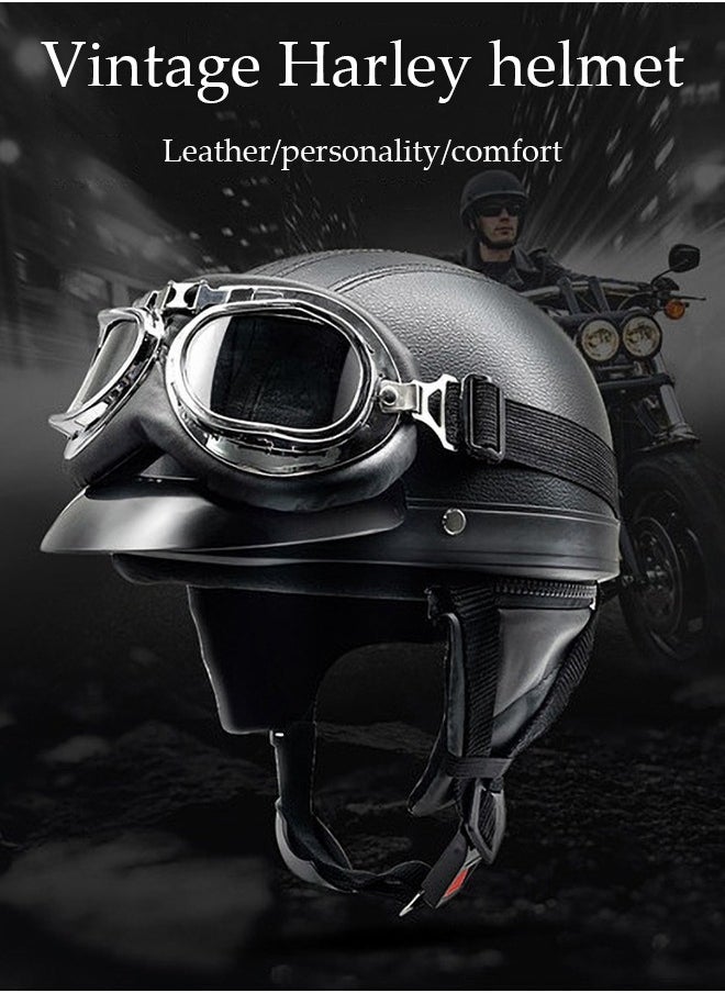 DUNISO Motorcycle semi open leather helmet, PU leather all inclusive riding helmet with transparent leather goggles, detachable inner lining and sun protection brim, unisex, black  - Image 3