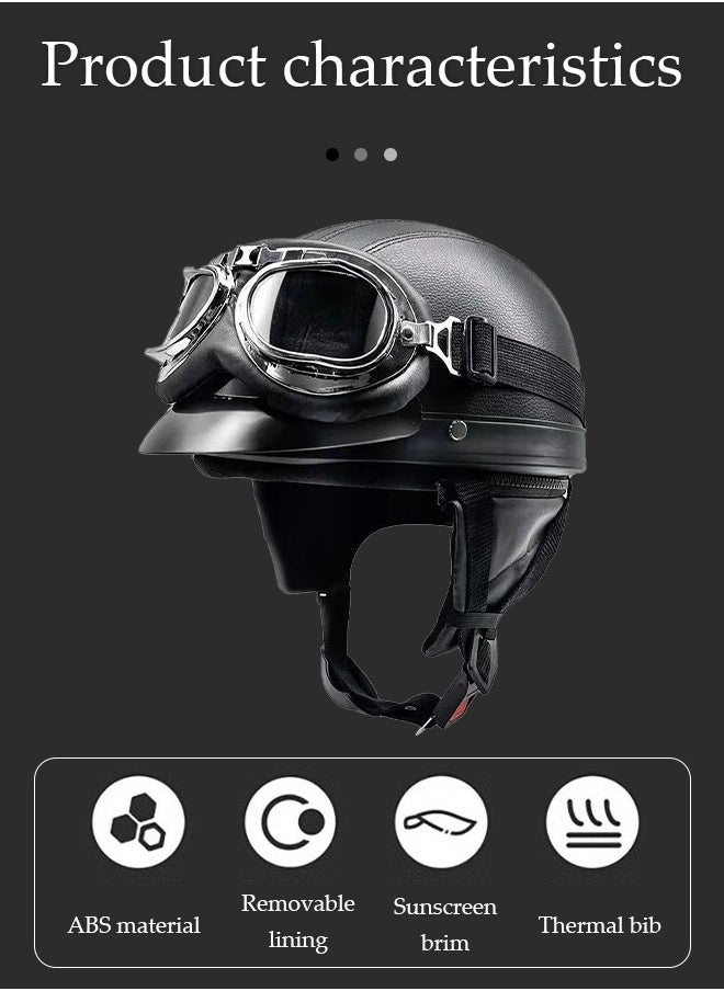 DUNISO Motorcycle semi open leather helmet, PU leather all inclusive riding helmet with transparent leather goggles, detachable inner lining and sun protection brim, unisex, black  - Image 4