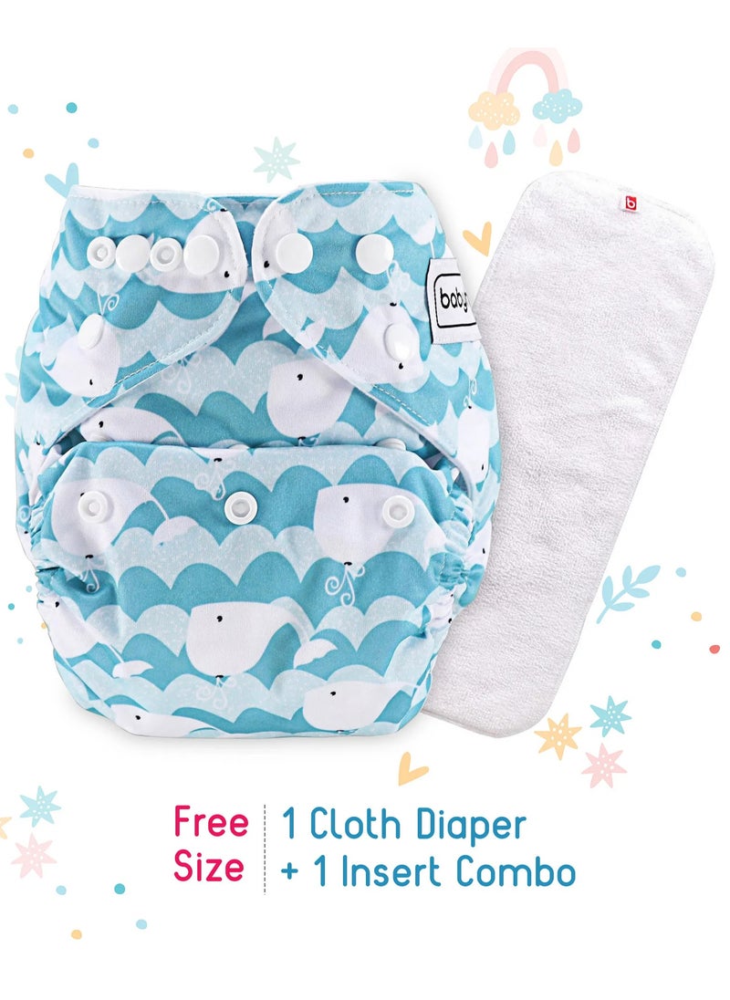 babyhug Babyhug Reusable Cloth Diaper With Insert Sea Whale Print, Free Size - Blue  - Image 1